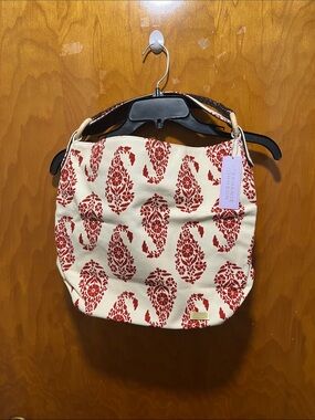 Stephanie Johnson Cream and Red Paisley Canvas Hobo Shoulder Bag